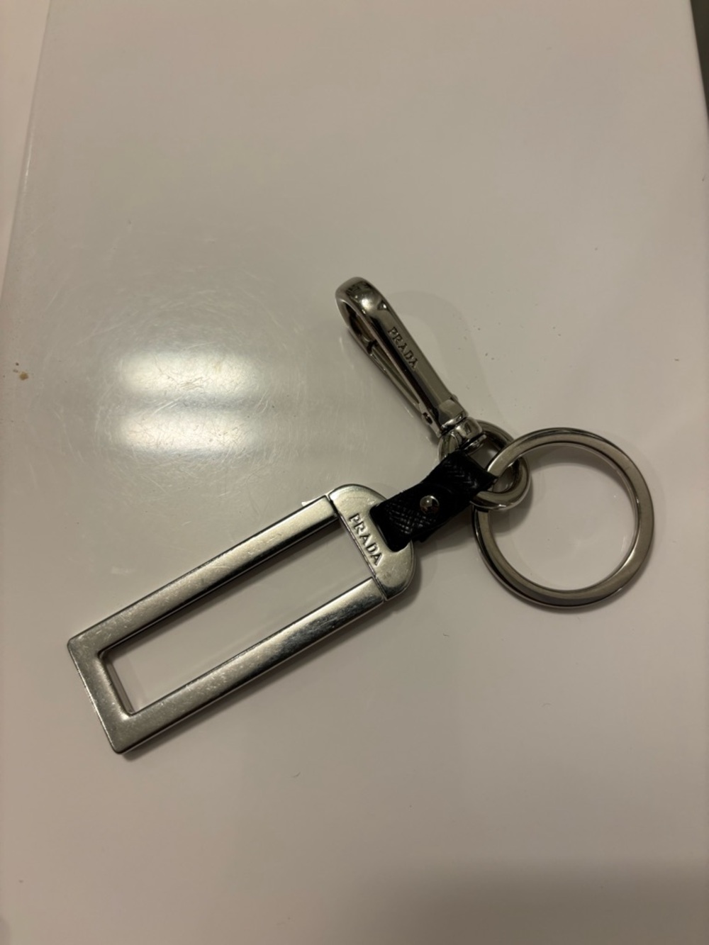 Prada Silver Metal & Black Leather Rectangular Key Holder